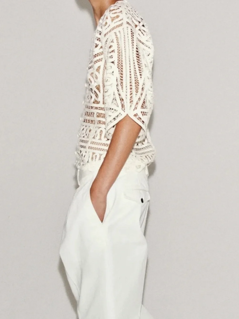Zara NWT ZW COLLECTION crochet puff sleeve button front cardigan top